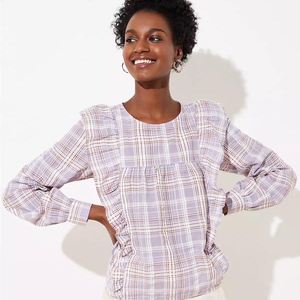 LOFT Purple Plaid Ruffled Top Women’s Size Large